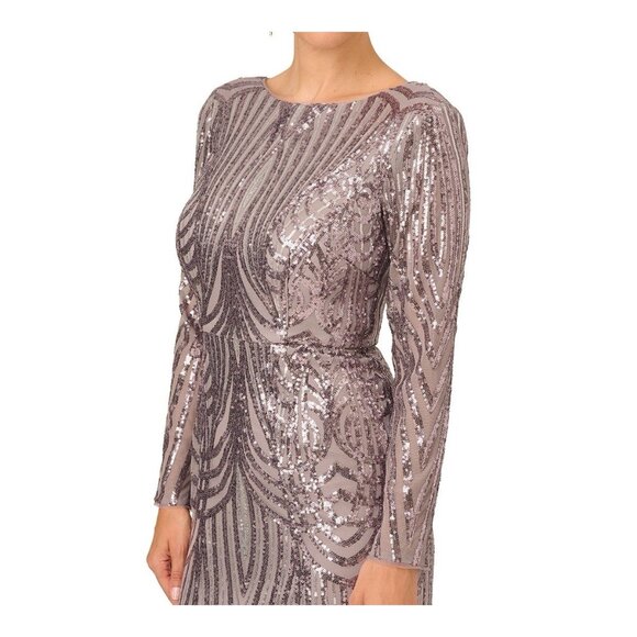 Adrianna Papell Size 12 Stone Gray Sequin Gown Long Sleeve Cocktail, Formal Maxi - Picture 2 of 12